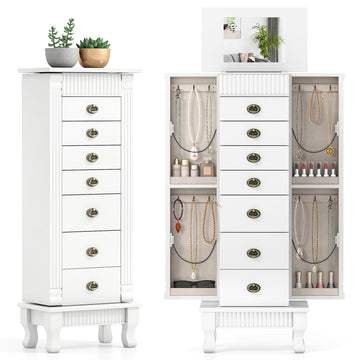 Standing Jewelry Cabinet with 7 Drawers, Flip-Top Mirror, White