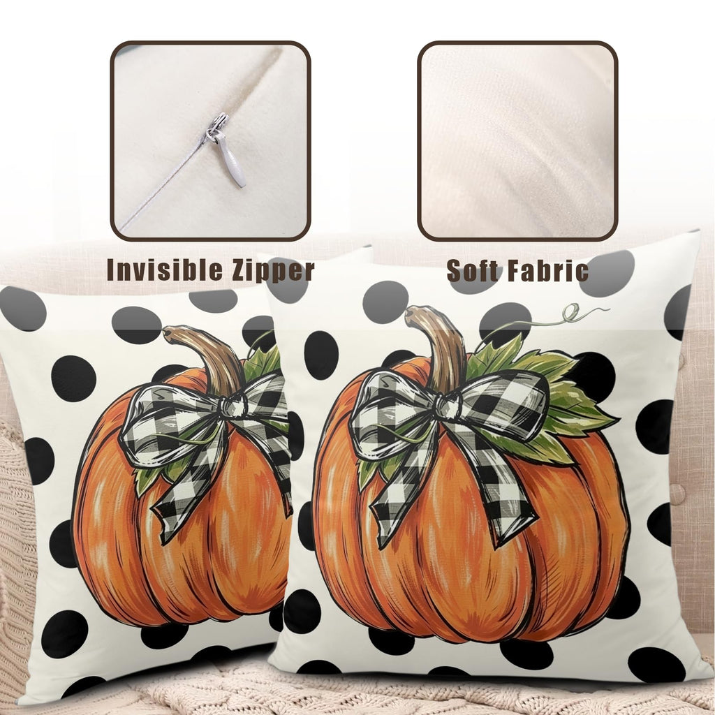 Fall Pumpkin Pillow Covers 16x16 Set of 2 Black Polka Dot Buffalo Plaid Bow Autumn Throw Pillow Cases Rustic