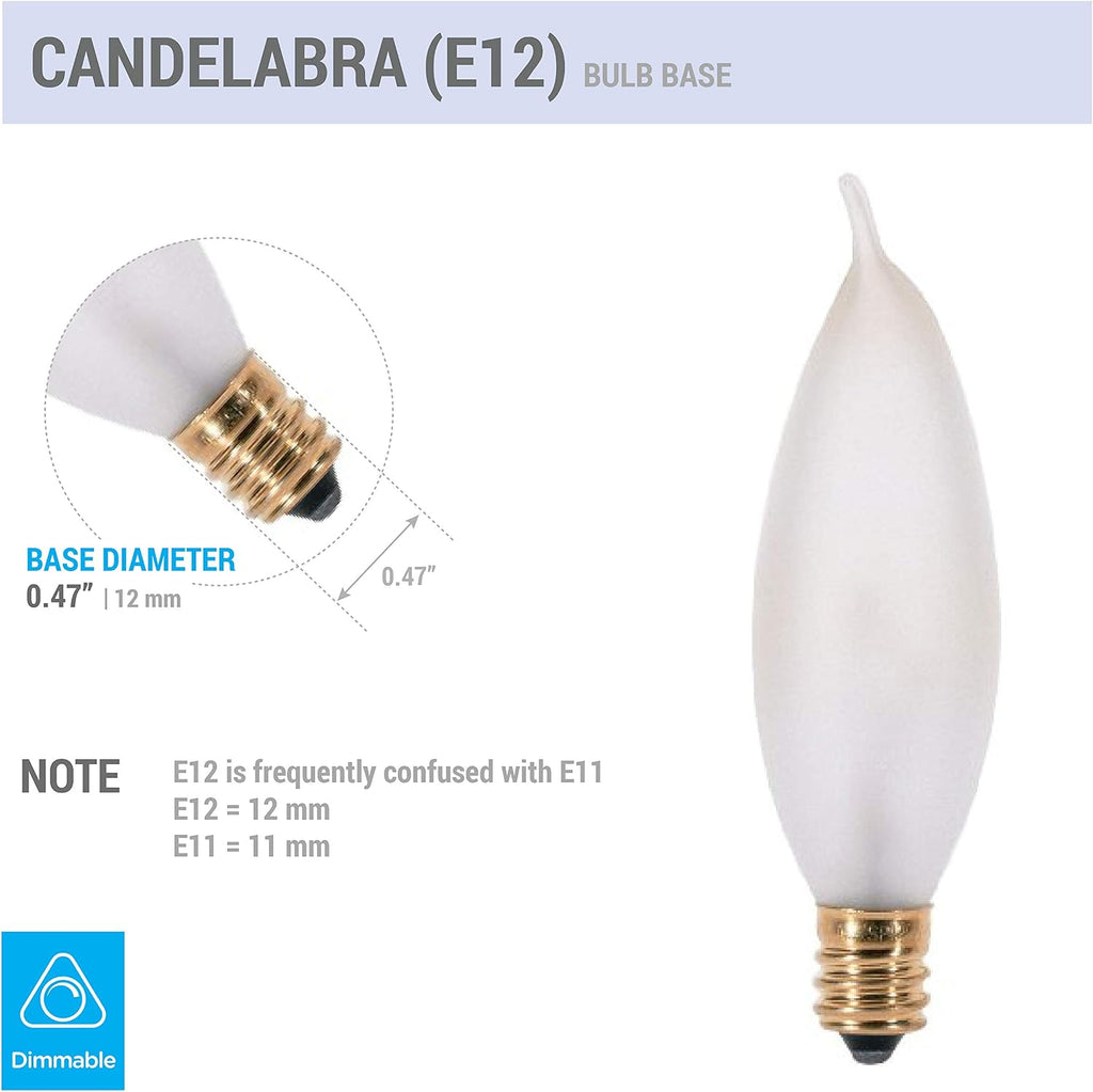 25W Frosted Flame Tip Incandescent Bulbs, Candelabra E12, 12-Pack