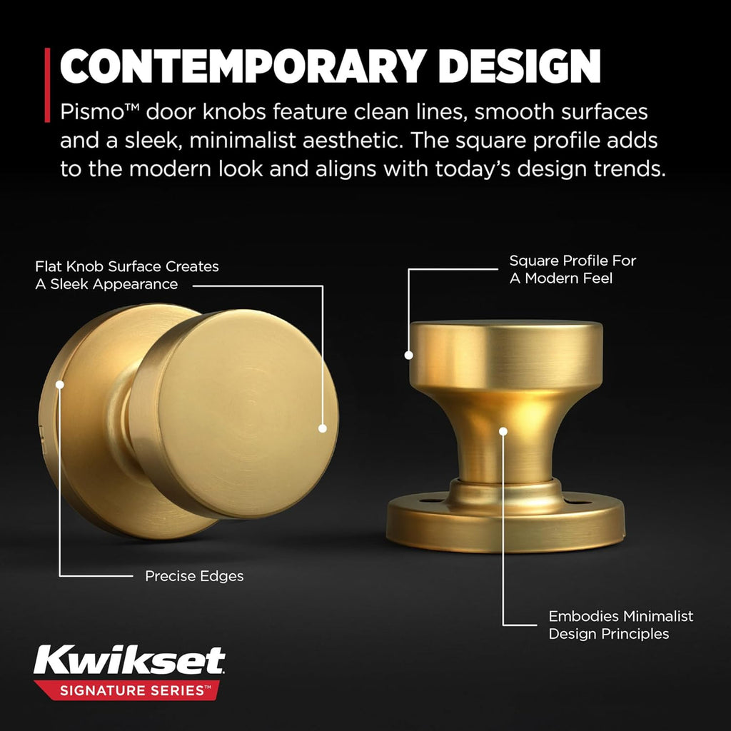 Pismo Interior Passage Door Knob, Handle for Closet and Hallway Doors, Non-Locking Doorknob, Satin Brass, Round
