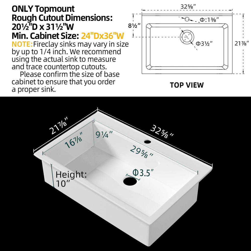 33 x 22 Inch Drop In Fireclay Workstation Kitchen Sink White 1 Hole
