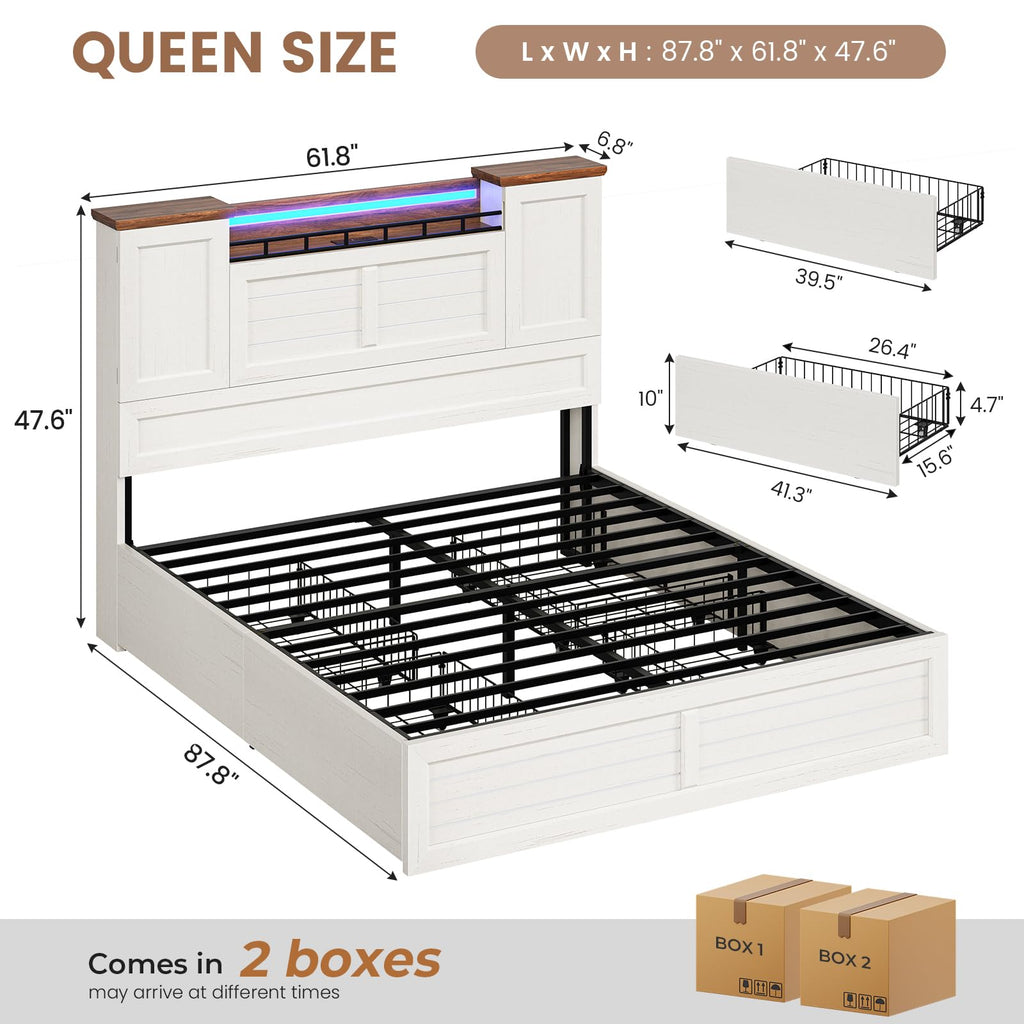 Bed Frame with Headboard and Storage Cabinets, Farmhouse Bed Frame with Charging Station and LED