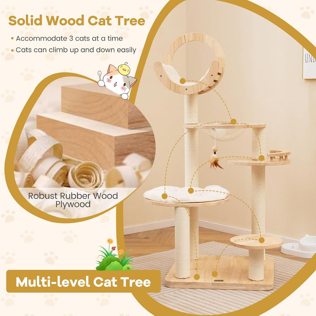 57 Inches Tall Wooden Cat Tree, Multi-Level Cat Tower with Scratching Posts, Space Capsule Bed, Padded Platform