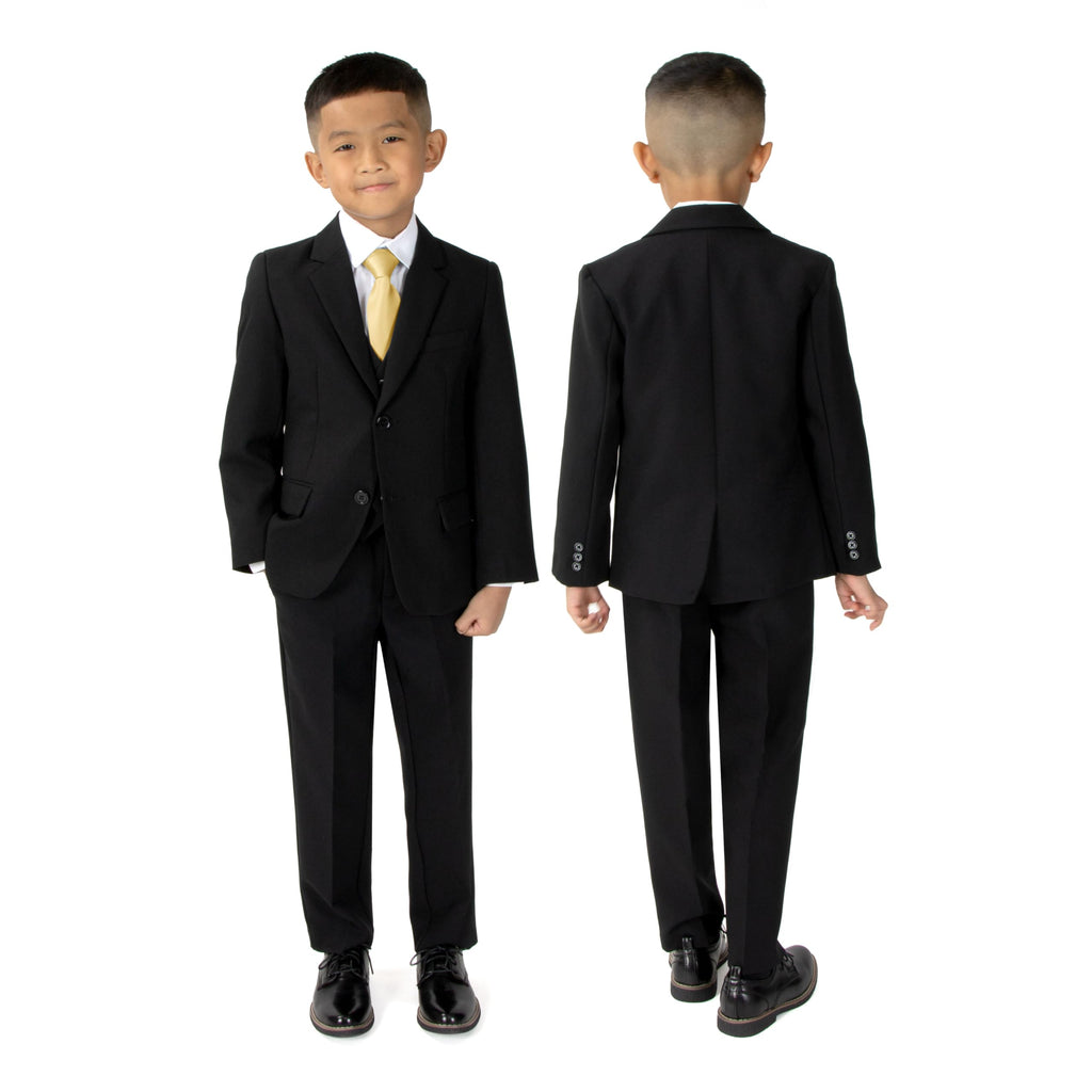Boys' Modern Fit Suit Set - Weddings, Baptism, and Christening, Black Suit & Antique Gold Tie