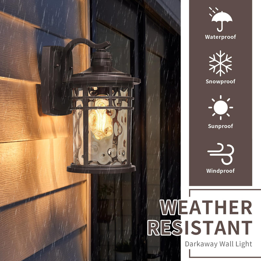 Outdoor Wall Light Fixture, 14.57inch Large Outside Porch Lights Wall Mounted Amber Ripple Glass Modern Exterior