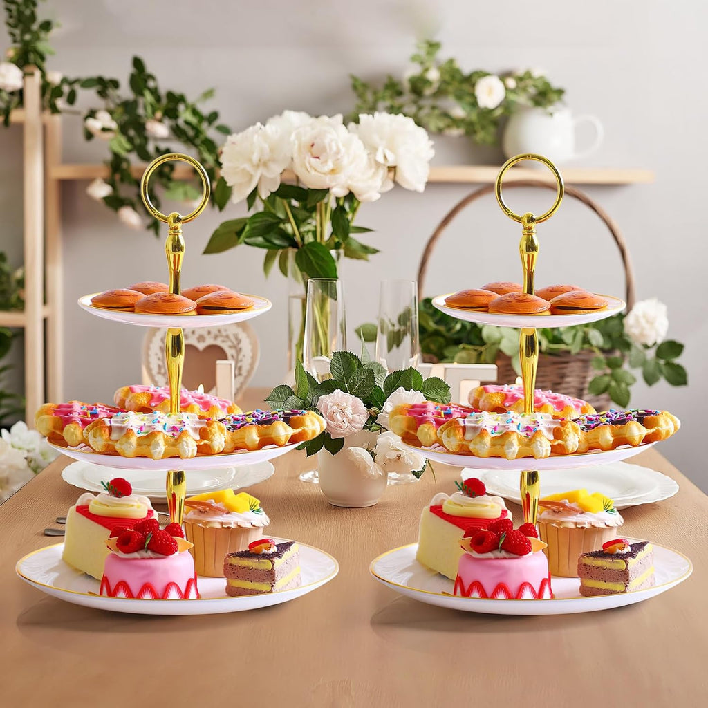 Tier Cupcake Stand Bulk Tiered Dessert Stand Thick Plastic Serving Tray with Gold Edges Dessert Table - Set of 8