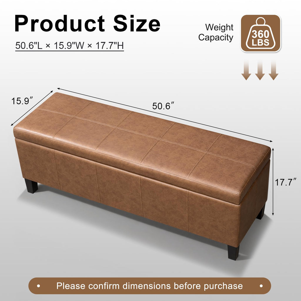 Faux Leather Storage Bench Ottoman, 50 Inch Upholstered Storage Bench with Large Compartment, Durable Accent Seating