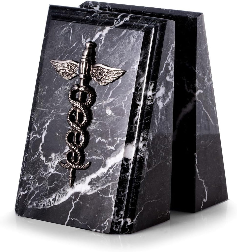 Personalized Marble Caduceus Bookends (Black, Set of 2), 7.25" Tall, 15 lb Heavy Medical Textbook Holders with Custom
