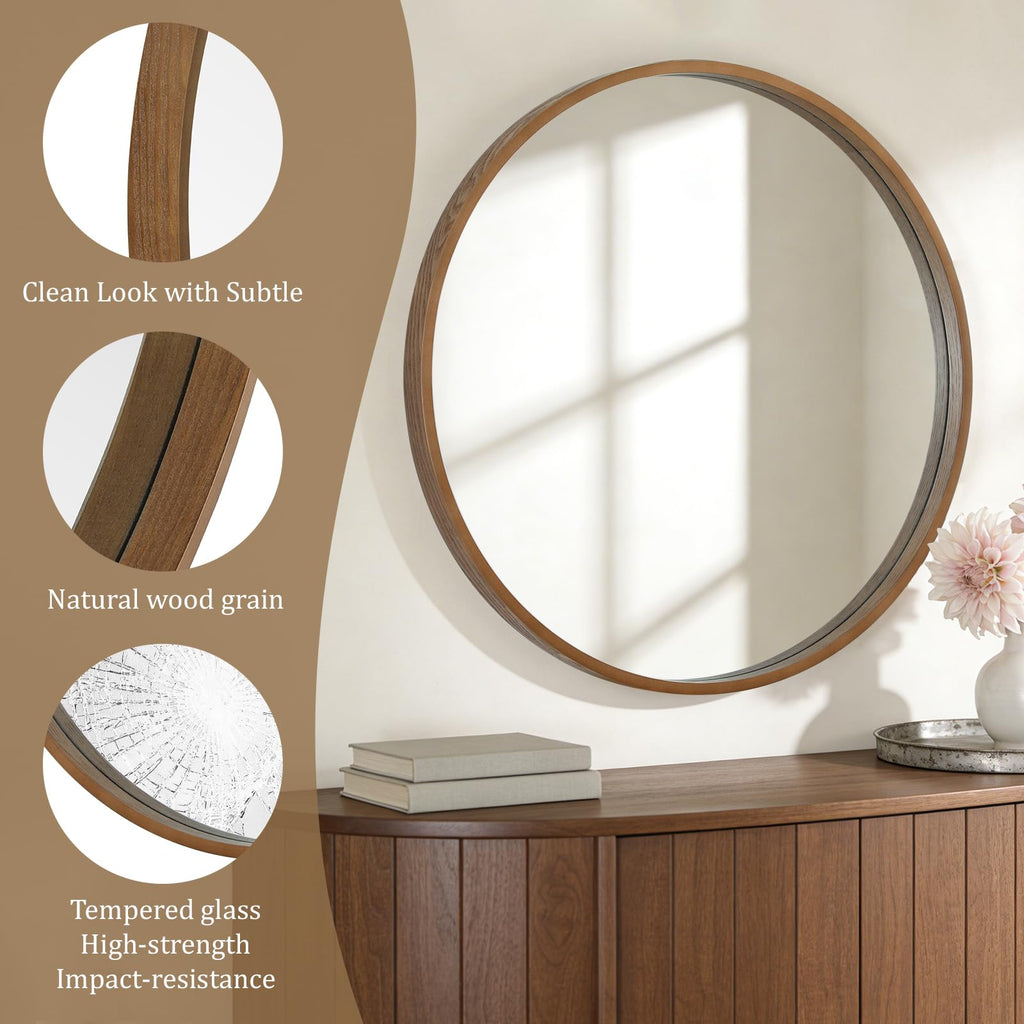 Round Wood Mirror, 36" Round Modern Decoration Large Circle Wall Mirror Living Room Bedroom Entryway, Walnut