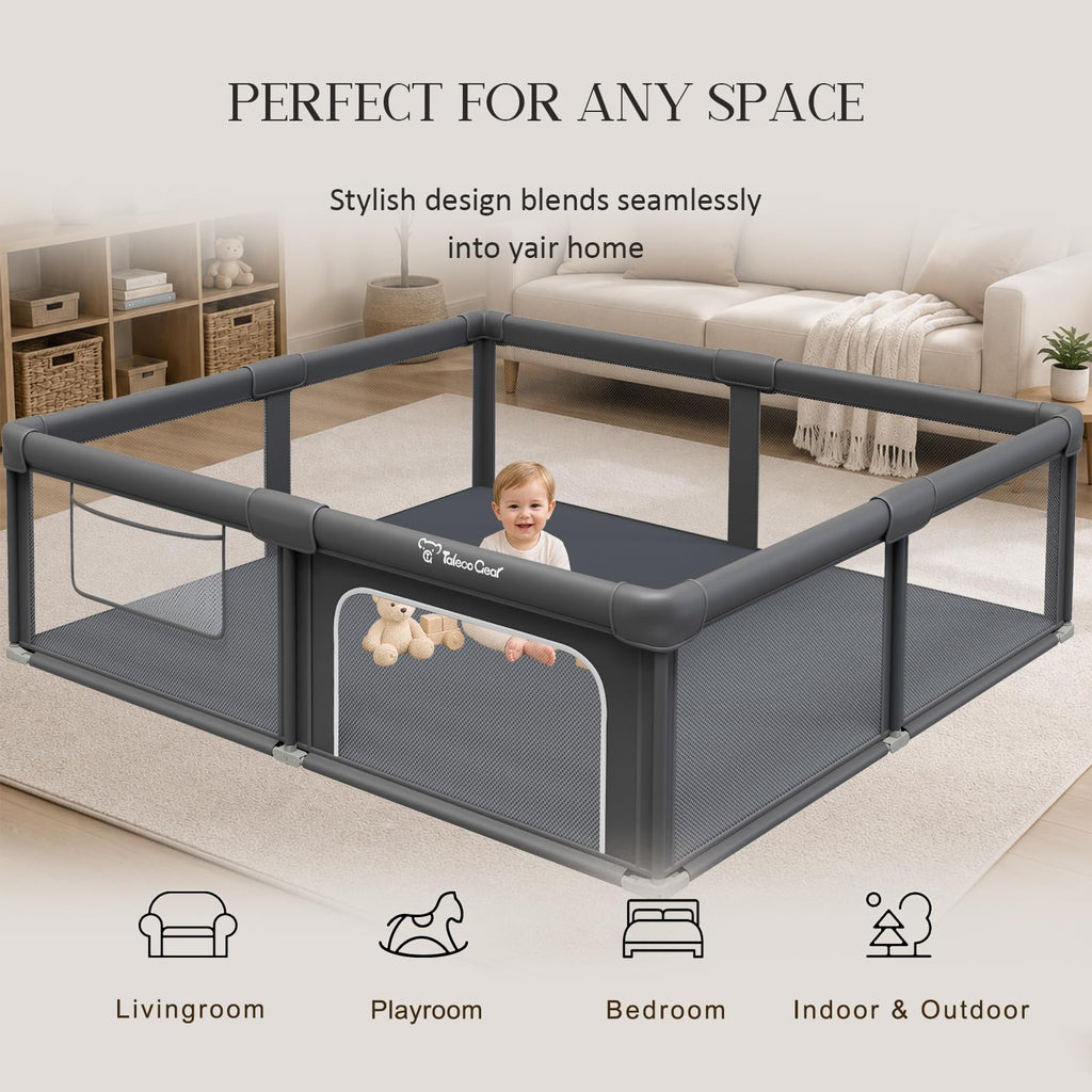Foldable Playpen for Babies and Toddlers, 71"x79" Portable Play Yard with Mat, Kids Collapsible Play Pen with Sturdy