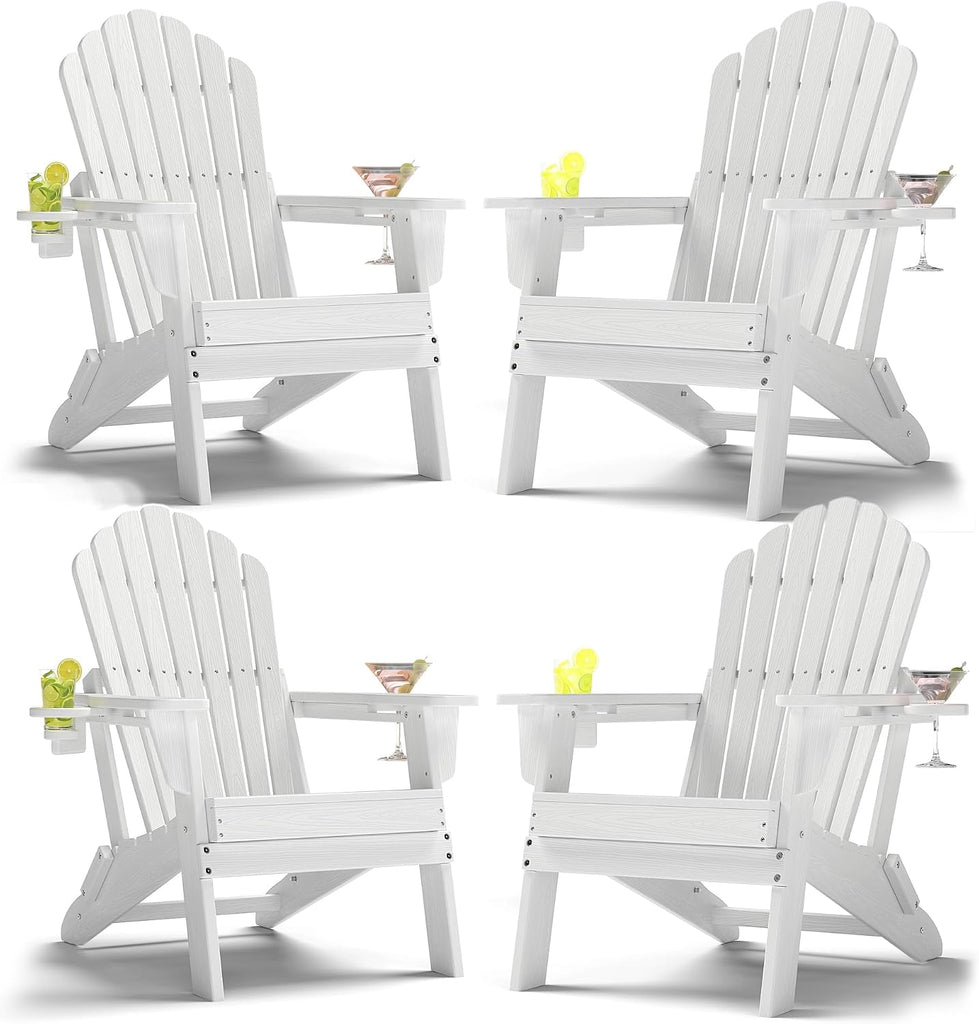 Fold Adirondack Chairs Set of 4, Double Cup Holders, White | HDPE Patio Chair, All Weather Fire Pit Chairs, 380lbs