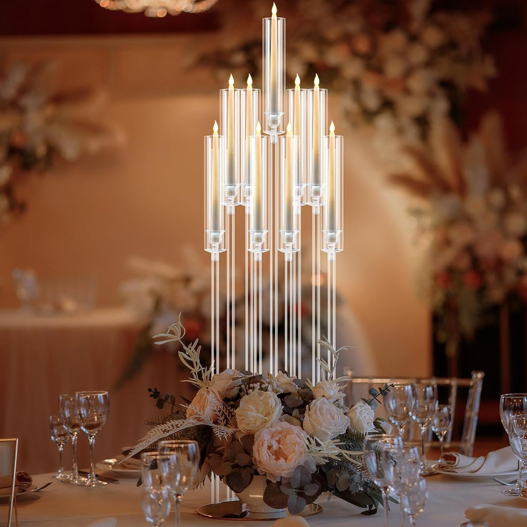 4 Pcs 9 Arm 42.5" Acrylic Candelabra Table Centerpiece Floor Candelabras Clear Candle Holder with Removable