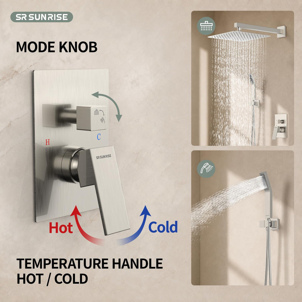 Shower Faucet Set 12-Inch Rainfall Shower Head Brushed Nickel