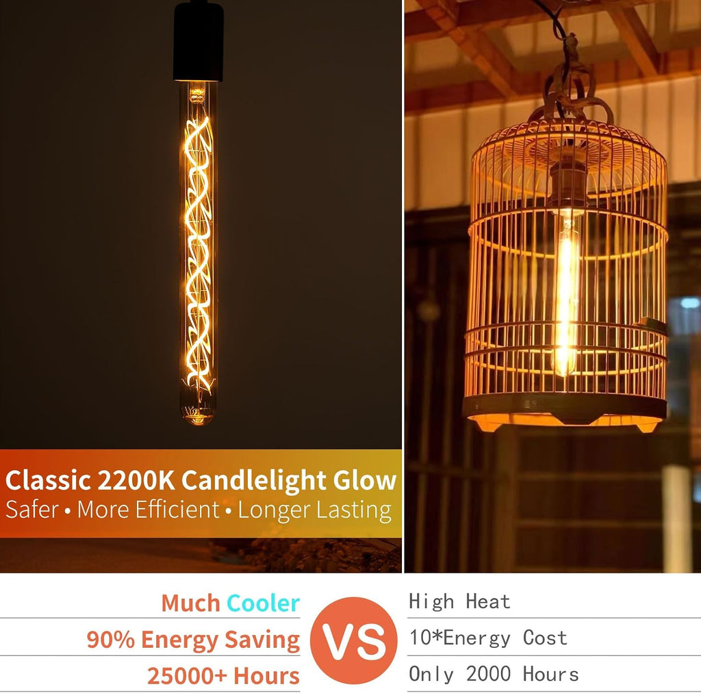 E26 T10 12 Inch Long Tubular LED Edison Bulbs, 6W(60W Eqv) 120V, 2200K Ultra Warm Candlelight, Dimmable, Spiral