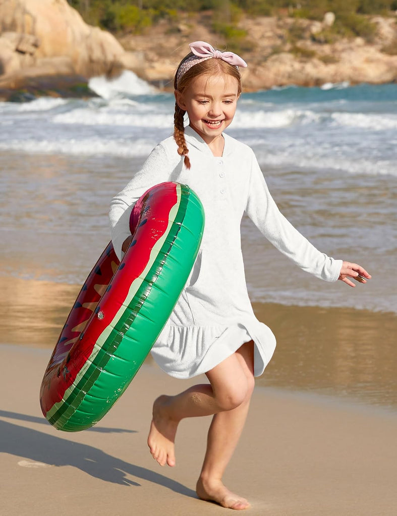 Girls Summer Long Sleeve Coverups Button Down Terry Quickly Dry Ruffle Hem with Hood Cover Up