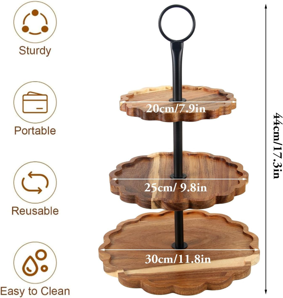 3 Tier Cupcake Stand Scalloped Wooden Dessert Display Stand Brown Tiered Serving Tray for Wedding Birthday Bridal