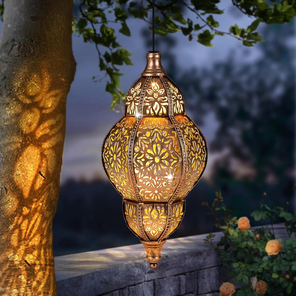 Hanging Solar Lantern Outdoor Decor 2Pack, 9.5In Moroccan LED Lights for Outside Garden Decorations, Waterproof Solar