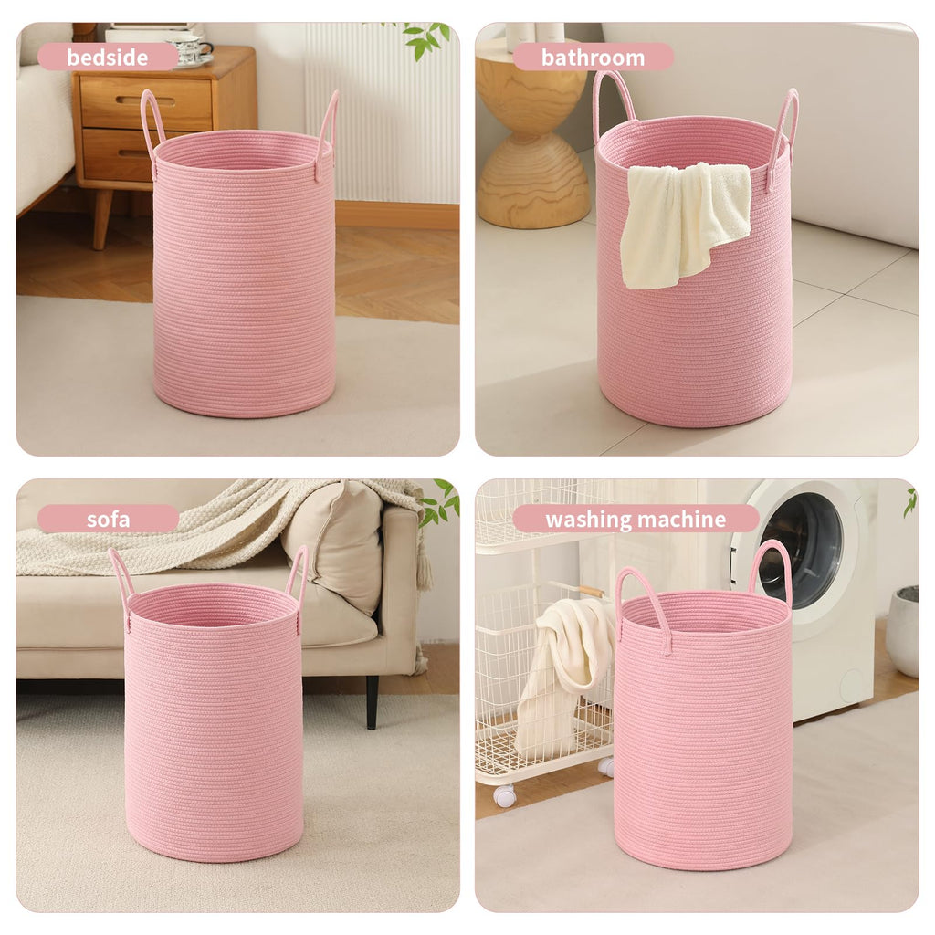 Basket Hamper Tall Rope Storage Woven for Blanket toys Dirty Clothes Bathroom Bedroom (Pink, 80L/21.3Gal)