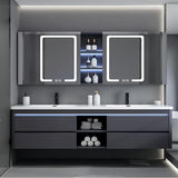 55IN Double Sink Vanity, 4 Drawers, Two LED Smart Touch Mirror Cabinets, Open Center Compartment, Body Sensor Lights