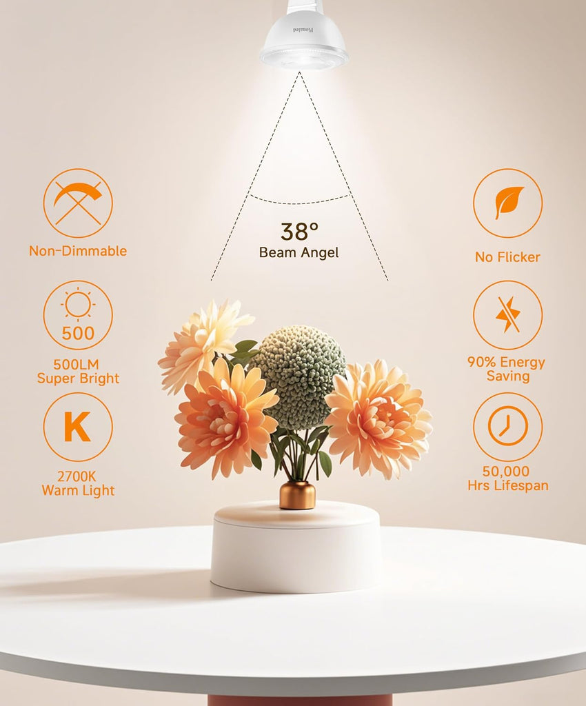 MR16 LED Bulbs, 50W Halogen Replacement, 2700K Warm White, Not Dimmable GU5.3 Bipin Base, 5W 12V Landscape Recessed