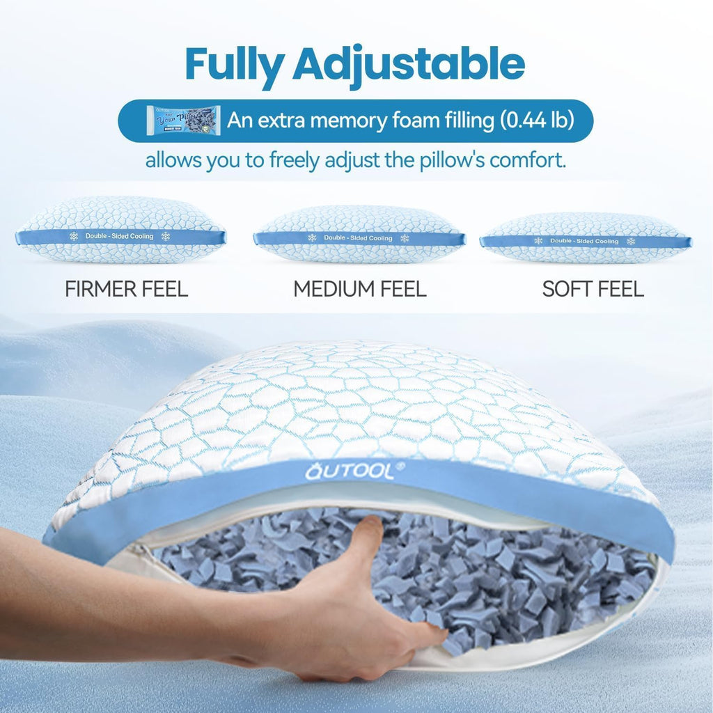 Double Sided Cooling Pillow for Hot Sleepers, Shredded Memory Foam Pillows Standard Size Set of 2, Adjustable Soft &