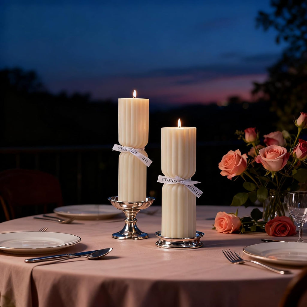 Ribbed Pillar Candles Handmade Soy Wax Scented Ribbed Candle,White - Set of 2