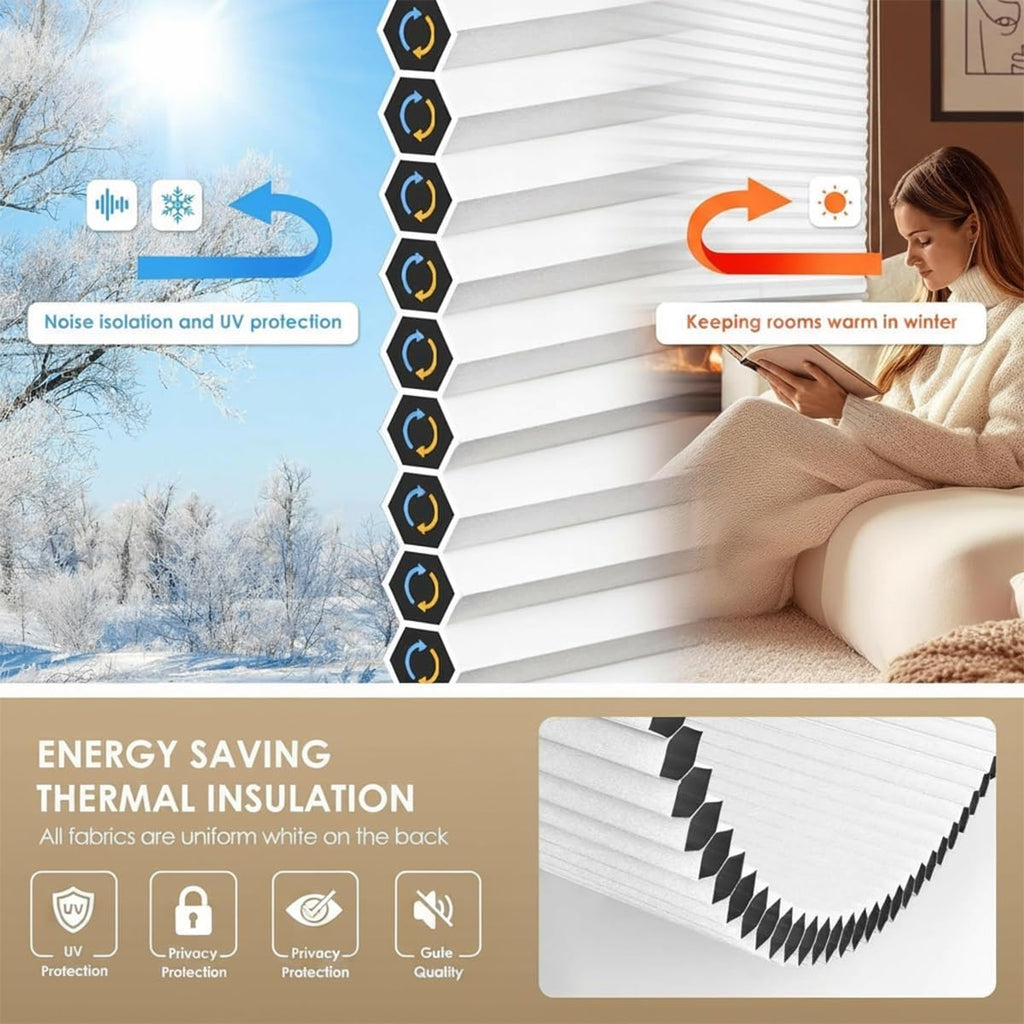 Cordless Cellular Shades, No Drill No Tools Blackout Honeycomb Blinds for Indoor Windows, Thermal Insulation Noise