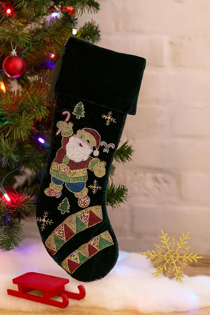 Luxury Green Velvet Christmas Stocking with Beaded Santa Claus Embroidery, Handmade Holiday Stocking with Tassel