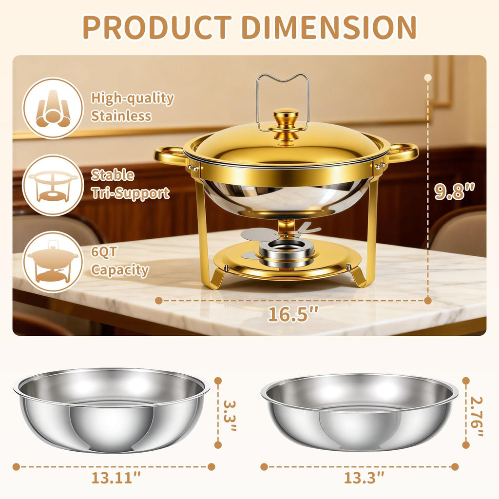 2 Pack 6QT Chafing Dish for Buffet with Golden Lids