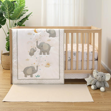 3 Piece Elephant Whimsy Baby Crib Bedding Set Boy or Girl, Nursery Decor Boy Crib Comforter Set, Classic Neutral