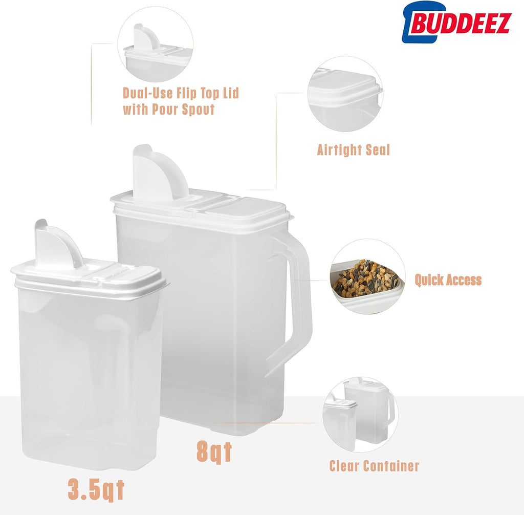 Pet Food Storage Containers - 2 Count Bird Seed Dispenser with Pour Tight Lids and Easy Pour Spouts, 8 Qt and 3.5 Qt