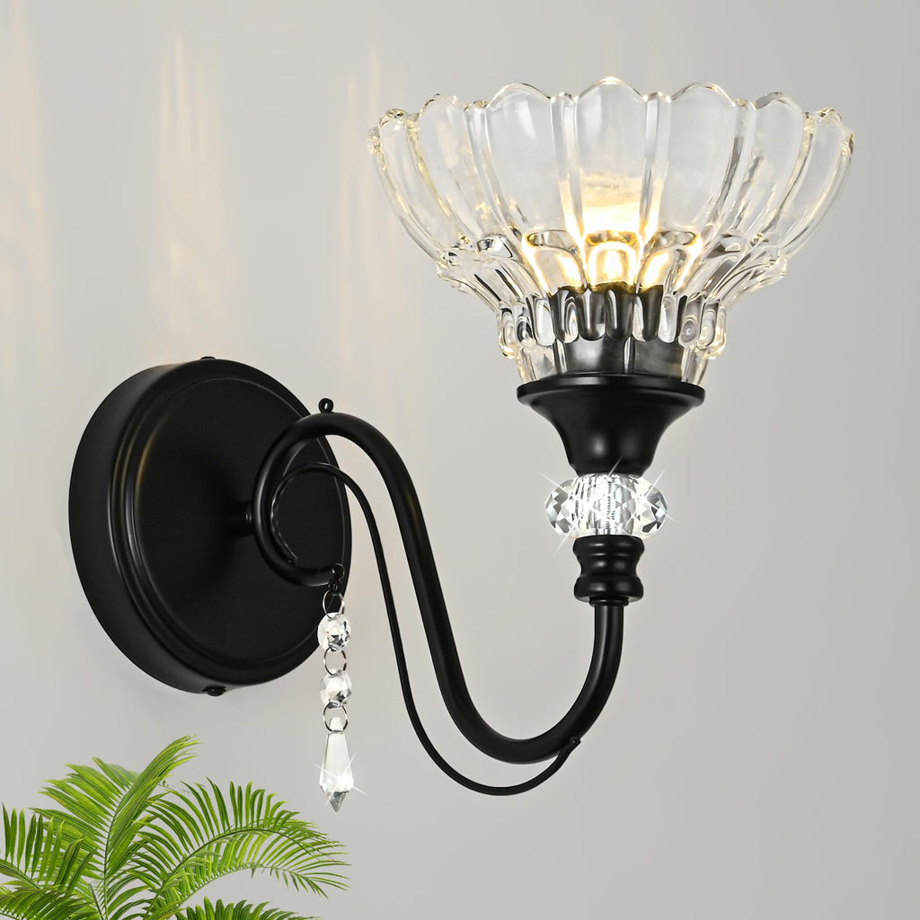 1 Piece Black Wall Sconce, 1-Light Black Farmhouse Wall Sconce with Hanging Crystal Accents and Flower-Shaped Clear