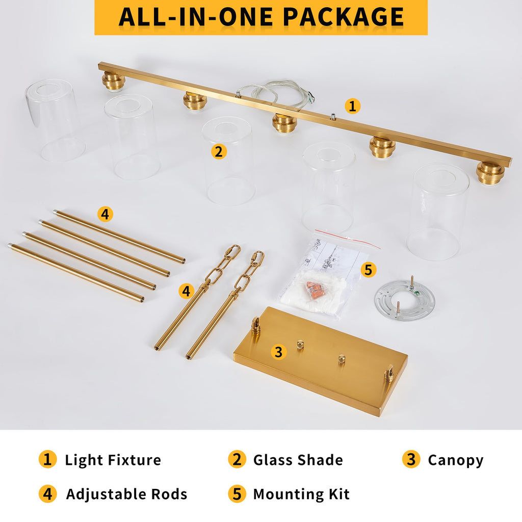 Island Light, Brushed Gold Dining Room Light Fixture Over Table, 5-Light Linear Chandelier Pendant Lighting