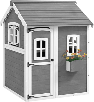 50x50x70in Kids' Outdoor Wooden Playhouse Includes Two Doors Two Windows Safety Floor PlanterBox for Children Ages 3