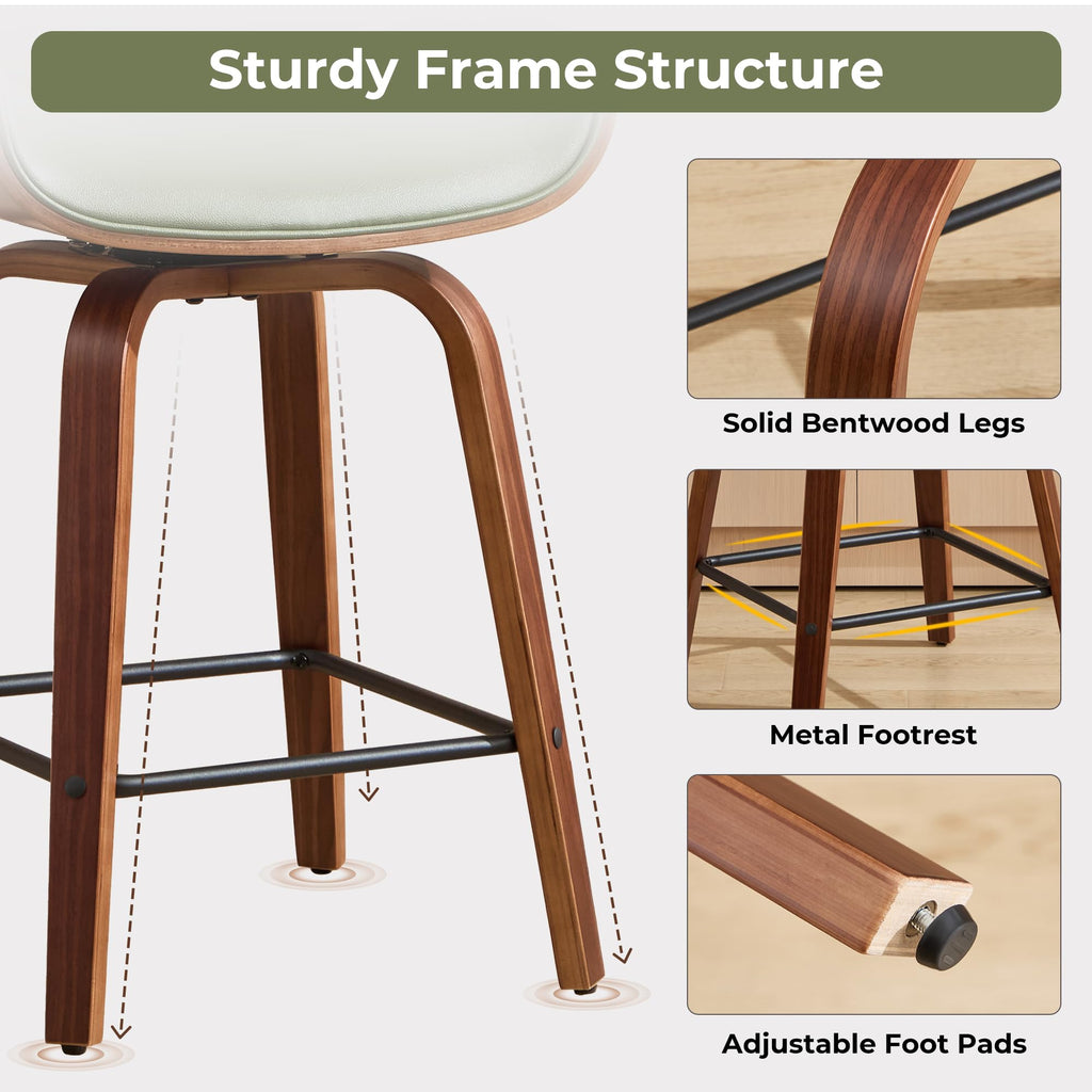Swivel Bar Stools Set of 2, 24" Upholstered Faux Leather Barstools, Mid Century Modern Counter Height Barstools with