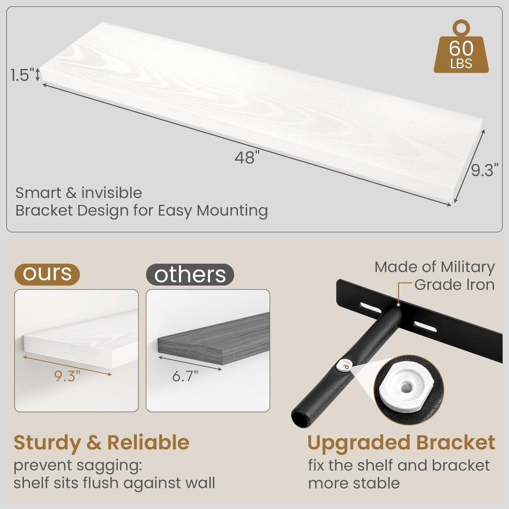 48 Inch Floating Shelves in White, 9.3 Inch Deep Wall Shelves, Deep Long Shelf Wall Mounted 1 Pack Shelf for Books