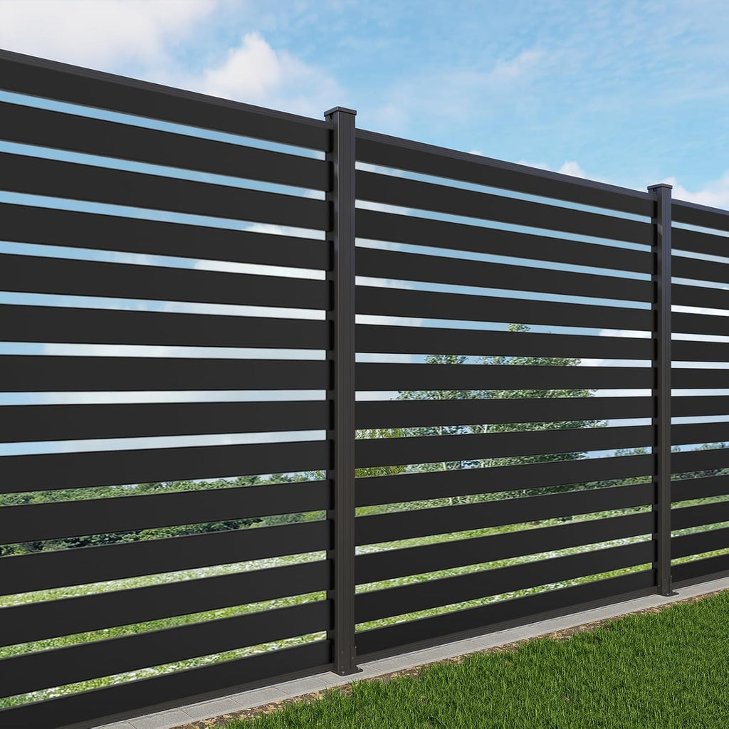 Aluminum Privacy Fence Panels for Outside, 6ft x 6ft Horizontal Metal Fencing with 1 No-Dig Post, Rustproof & Wind