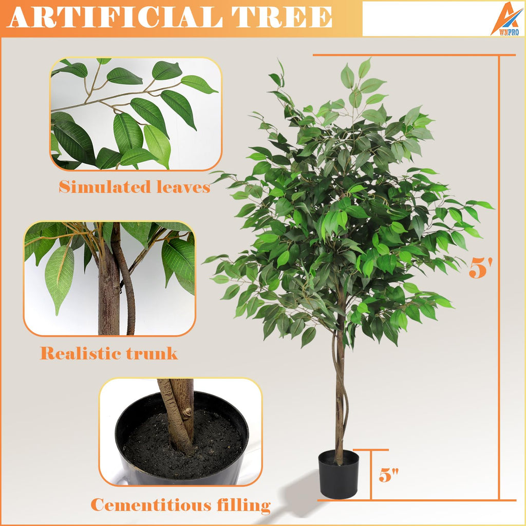 Indoor Artificial Ficus Tree, 5FT Tall Faux Ficus Tree, Artificial Plant with Natural Wood Trunk Decoration (1 Pack)