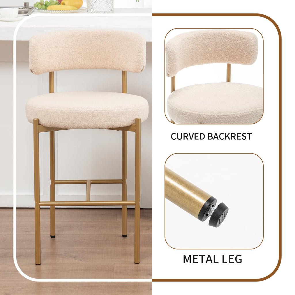 Gold Boucle Bar Stools Set of 2, 26" Modern Counter Stools with Backs, Beige Upholstered Barstools Island, Bar, Cafe