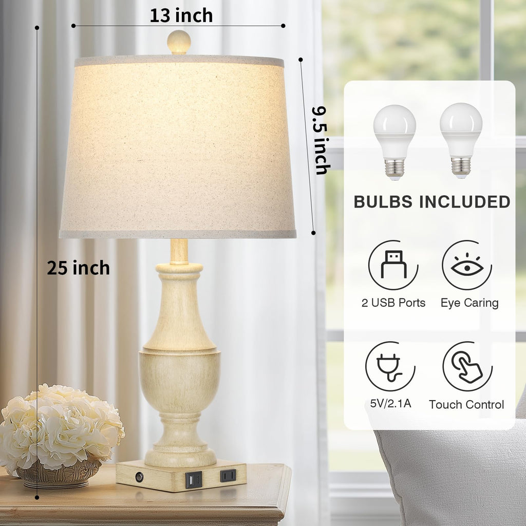 Farmhouse Vintage 3-Way Dimmable Table Lamp Set of 2 with USB A+C Charging Ports & AC Outlet, Rustic Mid Century