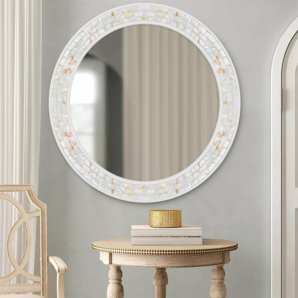 Round Bathroom Mirror 30 Inch with Coastal Mosaic Shell Frame