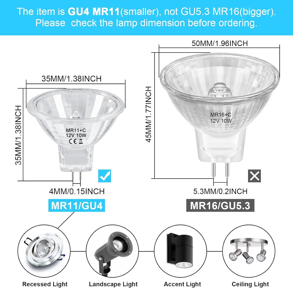 MR11 Halogen Bulb 10W 12V FTD Spotlight Bulb with Long Lifespan,GU4 Bi-Pin Base,Dimmable MR11 Bulbs with Glass Cover
