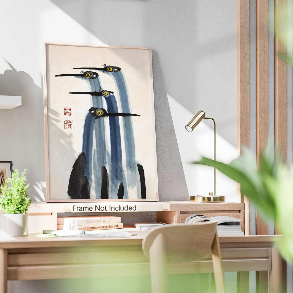 Vintage Japanese Crane Poster Antique Asian Bird Canvas Wall Art Blue Minimalist Animal Watercolor Prints for Country