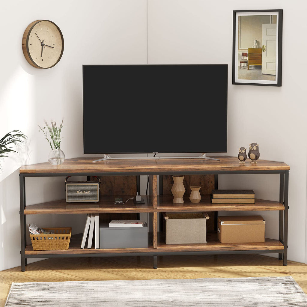 Corner TV Stand with Power Outlet, Corner Entertainment Center for 32 43 50 55 60 Inch TV, Industrial Media Console