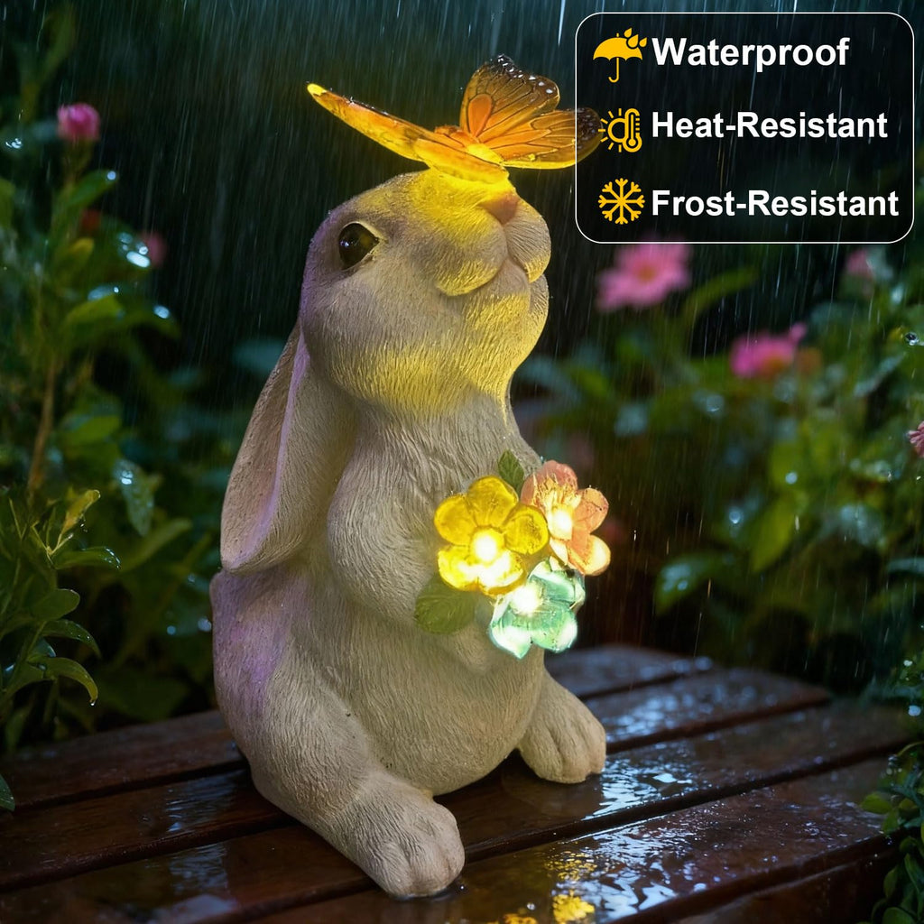 Solar Garden Statues Outdoor Decor Bunny with Butterfly and Flower