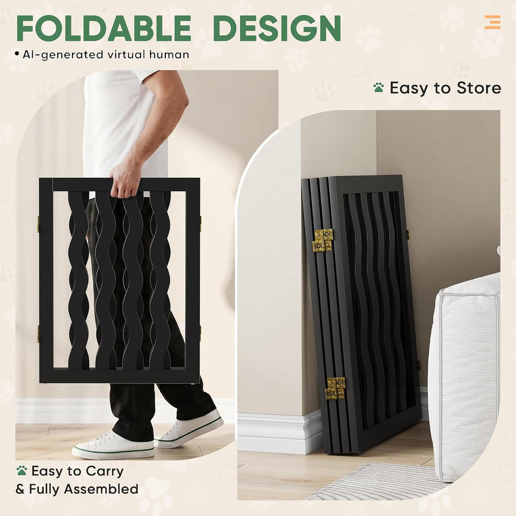 Dog Gate, Wavy Freestanding Dog Gates for Doorways 4 Panels (Black)