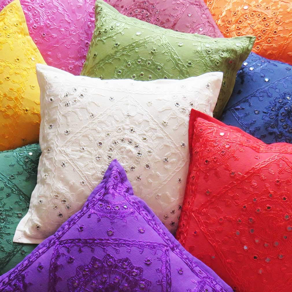 Embroidered Decorative Boho Throw Pillow Cover with Mirrors, Handmade Bohemian Accent Cushion Case for Sofa Couch