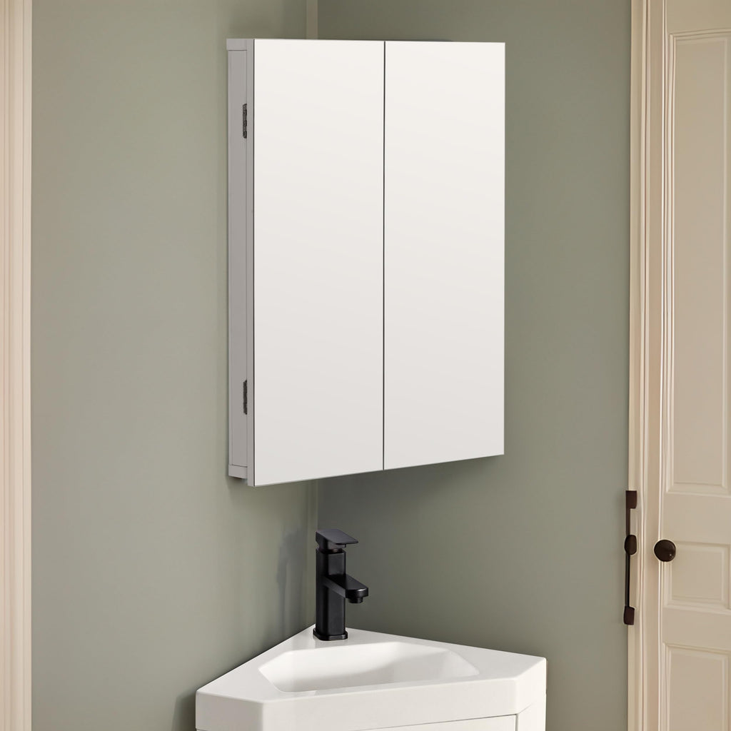 24" Bathroom Corner Medicine Cabinet W/Mirror, Double Doors Bathroom White Wall Mount Mirror Cabinet, Hanging Triple