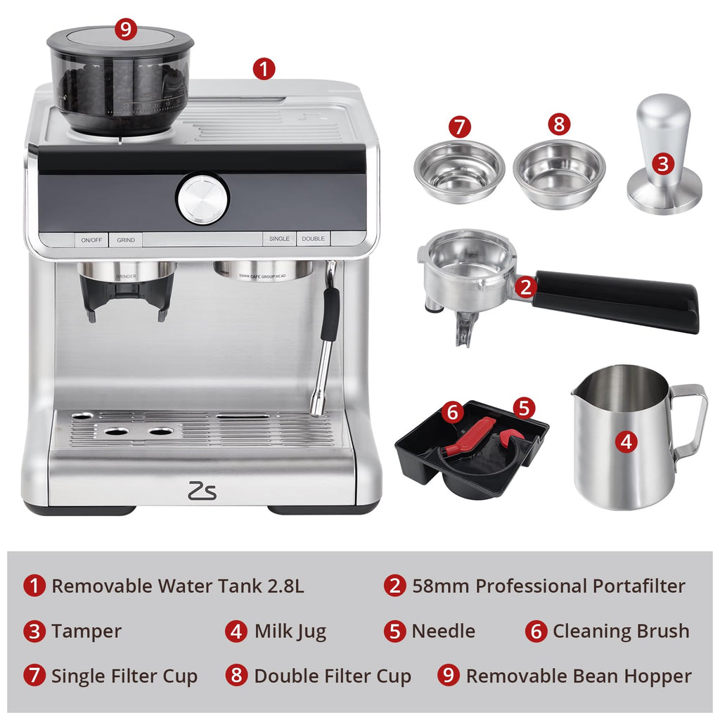Espresso Machine With Grinder, 20 Bar Professional Coffee Maker With Milk Frother Steam Wand for Cappuccino, Latte