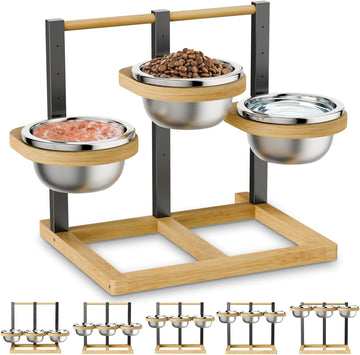 Bamboo Raised Dog Bowl, Elevated Dog Bowl, 5-Height Adjustable